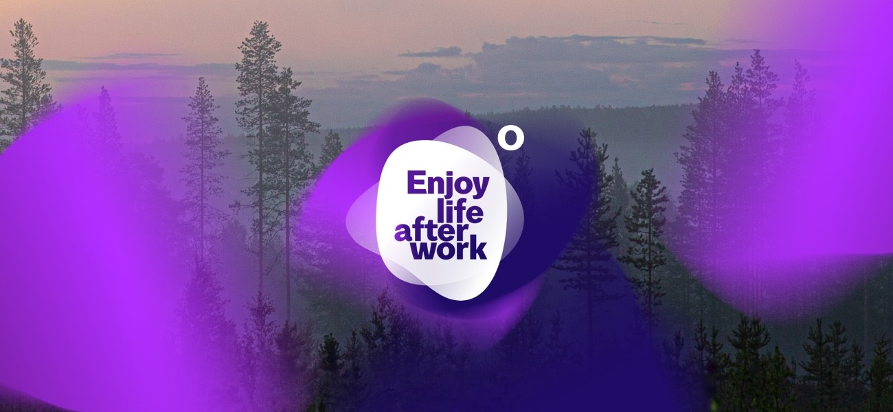 Logo: Enjoy life after work. Behind a view with trees.
