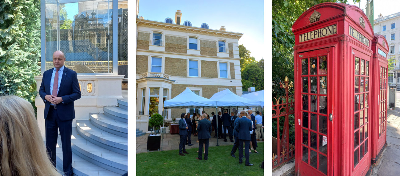 Three images. 1: Ambassador giving a speach, 2: People gathered in a garden with booths, a mansion in the background, 3: Signature English red phone booth.