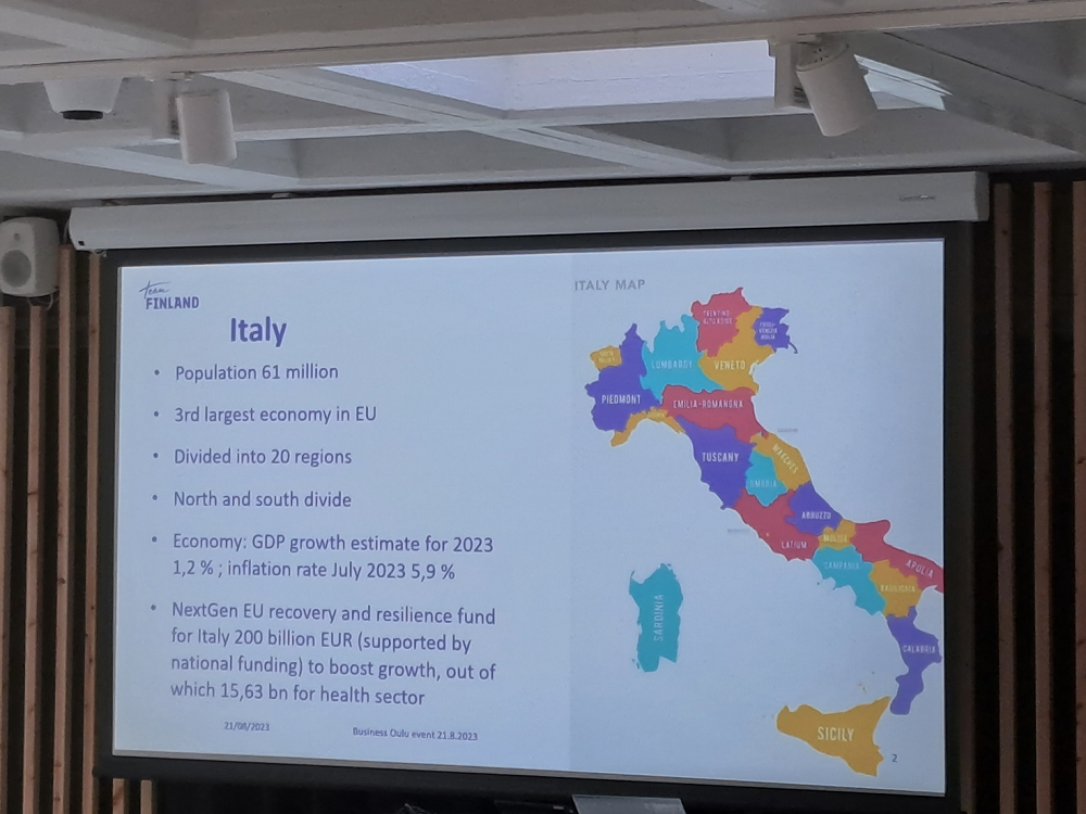 Italian economy slide at Team Finland event, August 2023