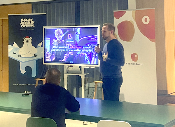 LastBot pitching at BusinessOulu's Slush side-event in 2023