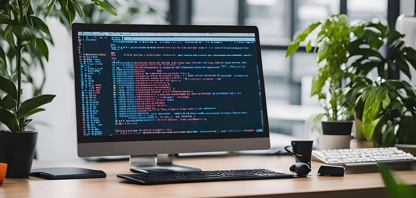 Laptop with coding displayed on workbench