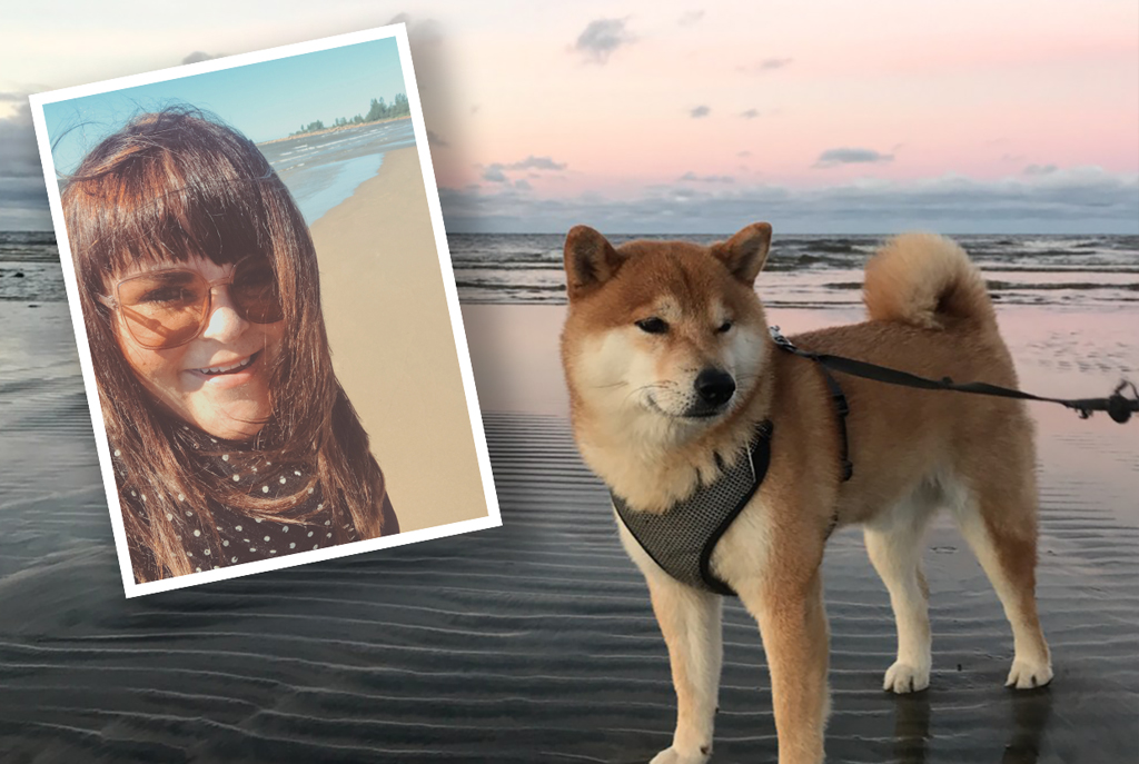 Kaksiosaisessa kuvassa yhdistyvät hymyilevän Annakaisan kasvot sekä rannalla otettu otos shiba inu -koirasta.