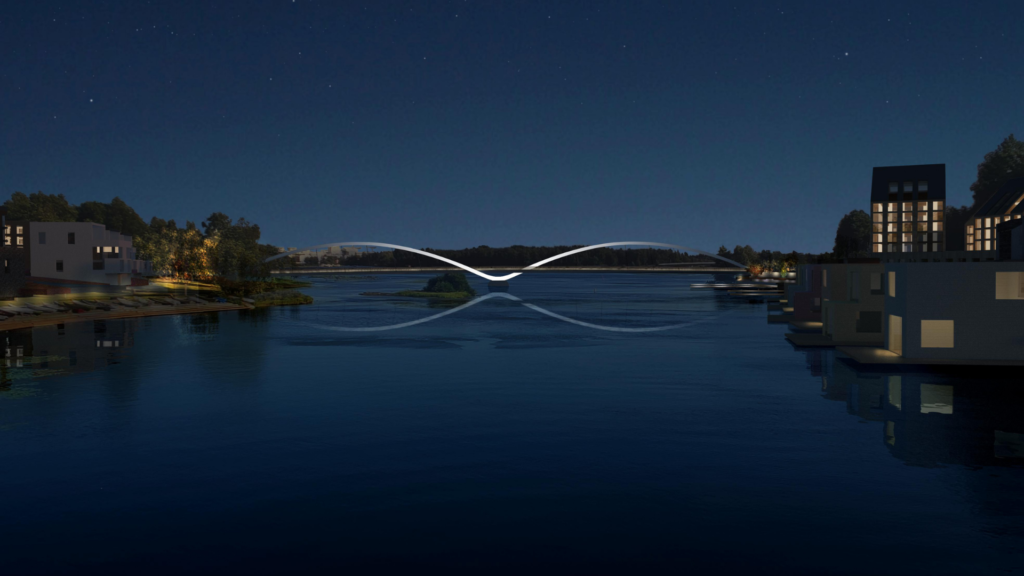 Visualisointi valaistusta sillasta yli Oulujoen.
