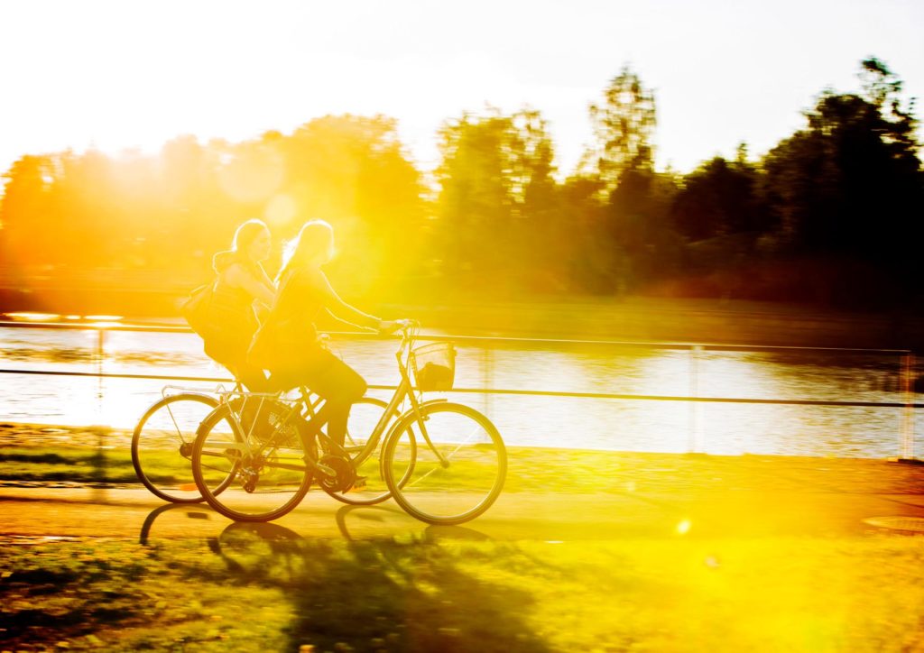 Two people cycling next to some water in the evening dusk. A light reflected from the camera adds to the ambience. 