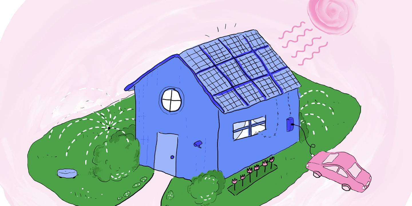 A house with solar panels on the roof and an electric vehicle being charged