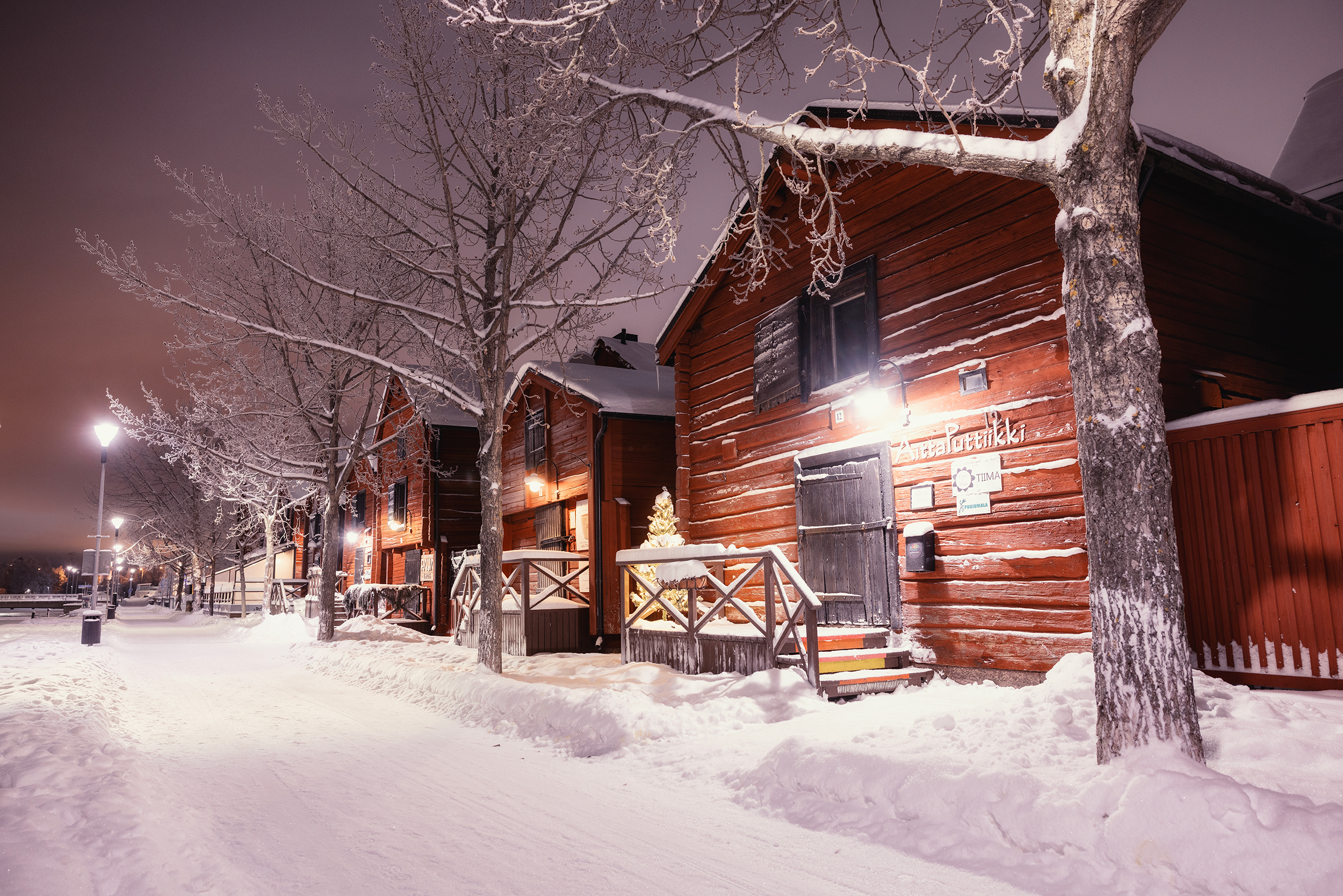 The traditional red barns located in Oulu Market Square in winter